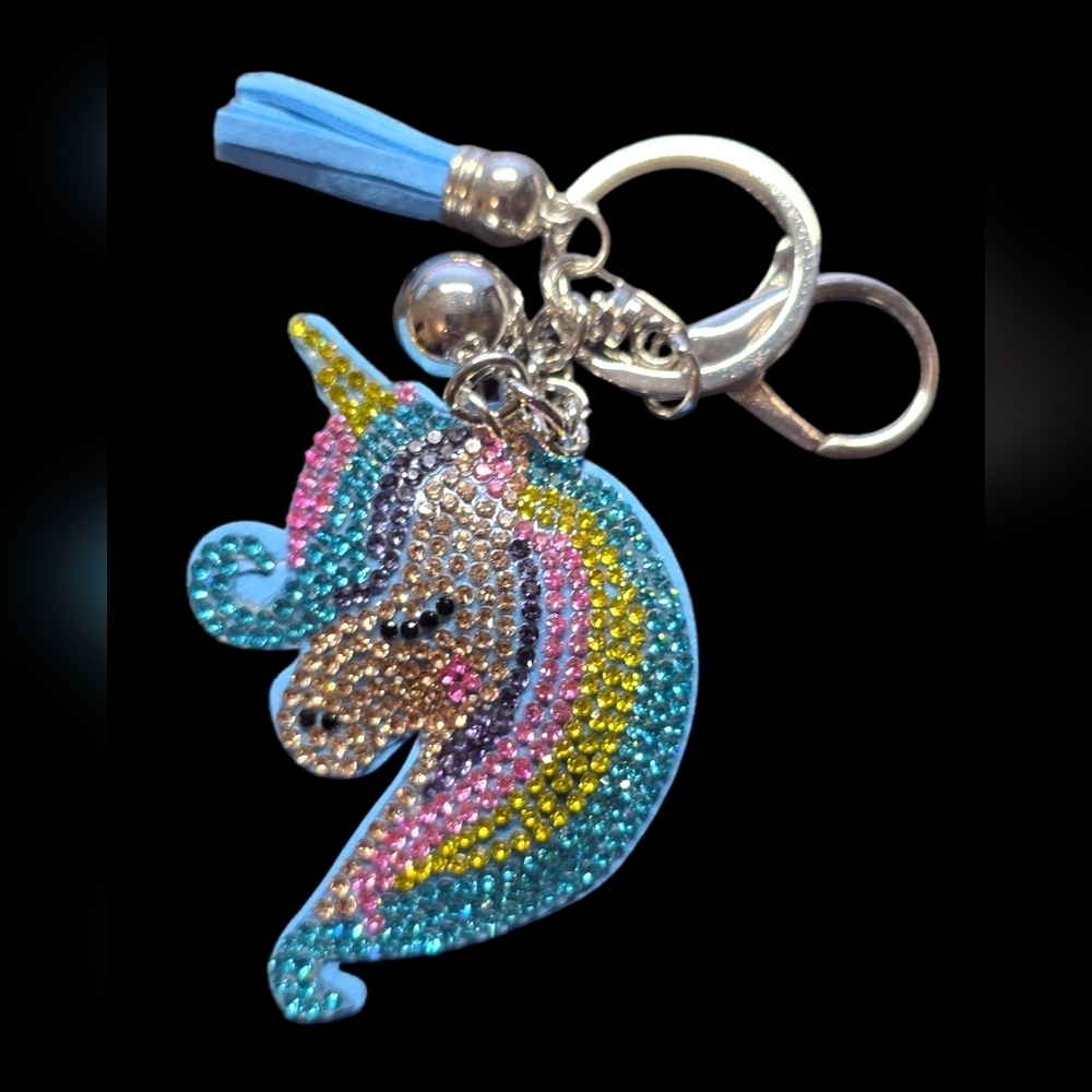 Sparkly Rhinestone Unicorn Pony Bag Charm /  Keychain with Tassel